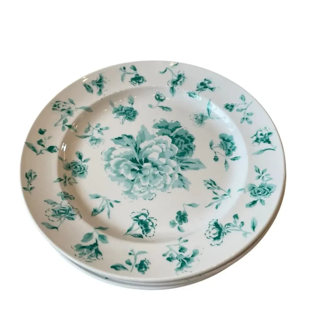 Martha Stewart Floral Salad Plates 8.5in Porcelain Set of 4 Teal White NEW